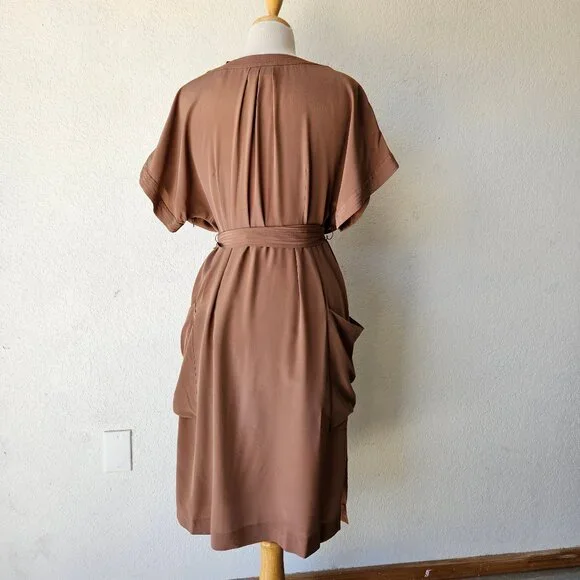 Maeve Anthropologie 100% Silk Warm Brown Faux Mock Wrap Dress Size 14 - Picture 7 of 11